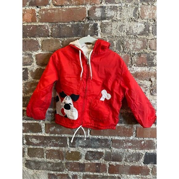 Vintage Toddler Windbreaker Jacket Red/White with Puppy and Bone 2T - Picture 1 of 13